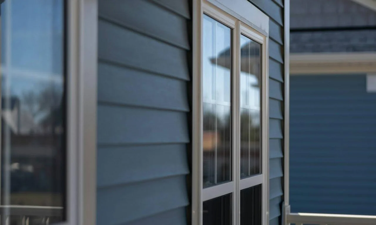 Blue exterior siding with light-colored window trim.