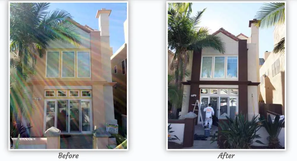 Before and after of a two-story coastal home with warm brown trim accent