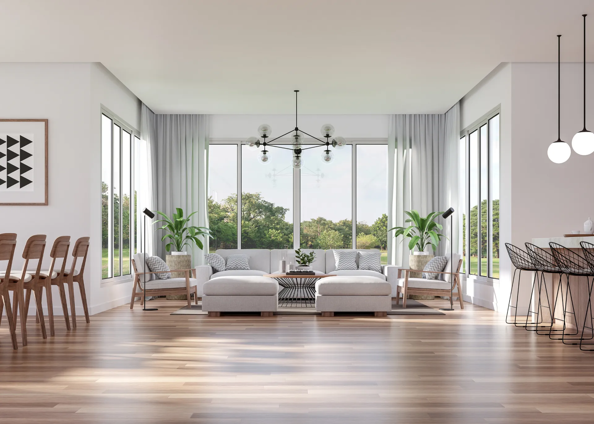 Bright living room with vaulted ceiling