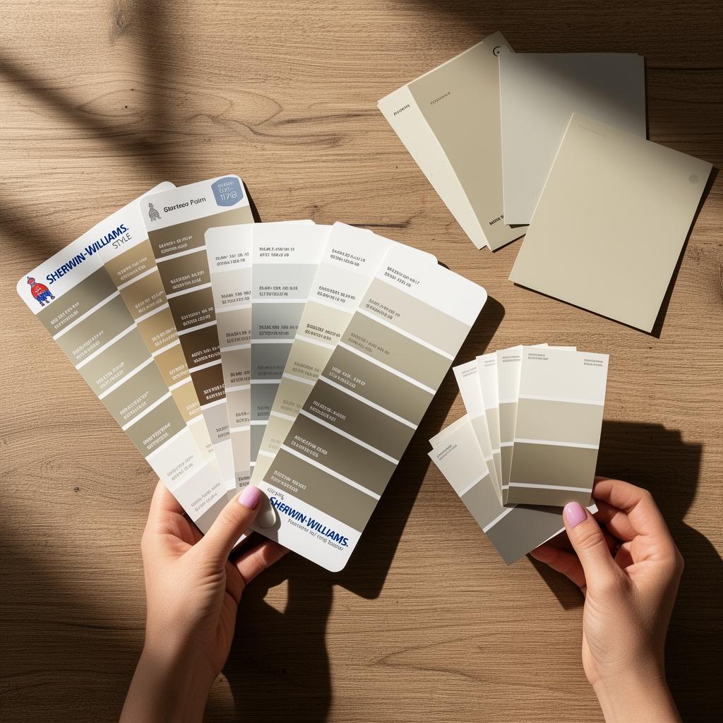 Designer holding a Sherwin-Williams paint fan deck with interior color swatches on a wood table